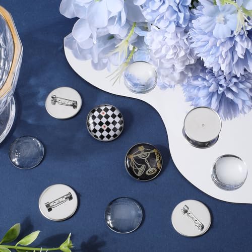 SUNNYCLUE 1 Box Cabochon Bezel Settings Stainless Steel Lapel Pin Blanks 20Pcs Round Cabochon Tray Brooch Blanks 20Pcs Clear Glass Cabochons Badge Brooches Making Kit for Crafts Memorial Photo - Image 4