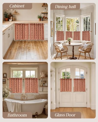 Image of Miss Adola Boho Kitchen Curtains - 24 Inch Length Linen Blend Floral Burnt Orange Cafe Curtains Tassels Tier Curtain Short Drapes Rod Pocket for Bathroom Living Room Windows Light Filtering, 2 Panels