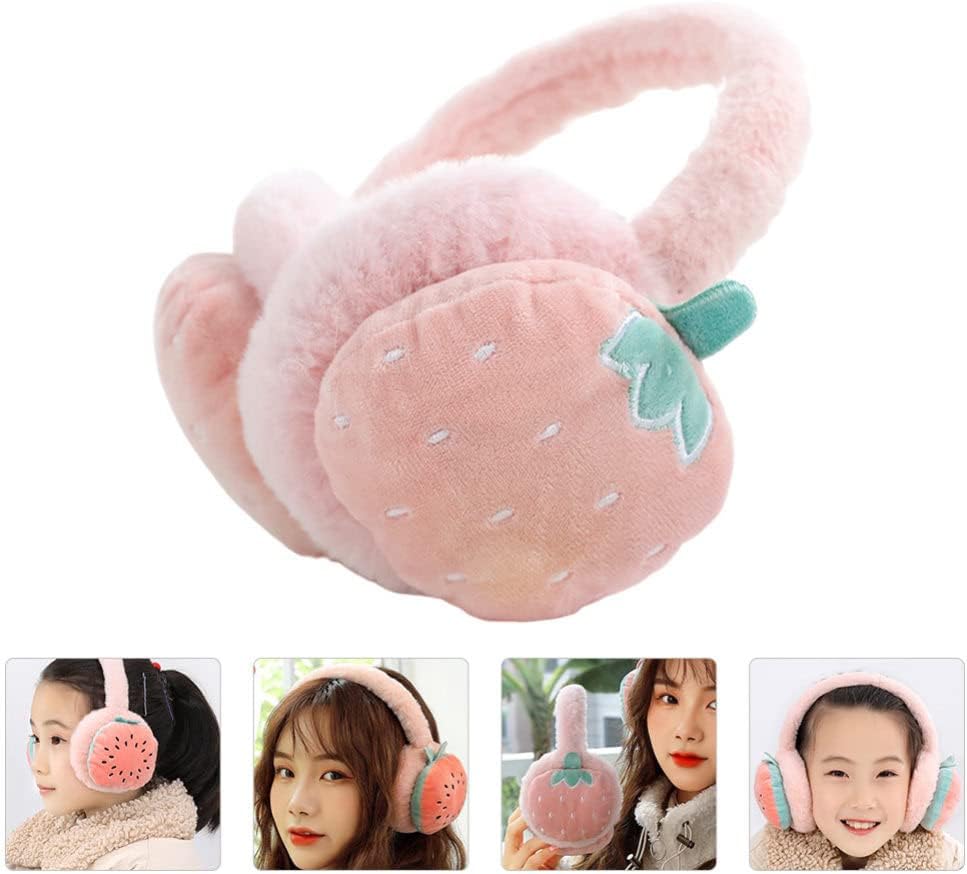 ARTIBETTER Winter Embroidered Earmuff Strawberry Plush Ear Warmers Cold Weather Ear Cover Outdoor Furry for Girls Christmas Birthday Pink
