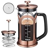 Veken French Press Coffee & Tea Maker, 304 Stainless Steel Heat Resistant Borosilicate Glass Coffee Press with 4 Filter Screens, Durable Easy Clean 100% BPA Free, 34oz, Copper