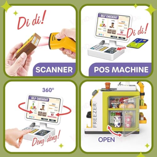 Image of VikriDA Kids Cash Register Playset with Coffee Machine, Calculator & Scanner | 48-Piece Pretend Grocery Store Set with Play Money & Food | Educational Role Play Toy | Ages 3+