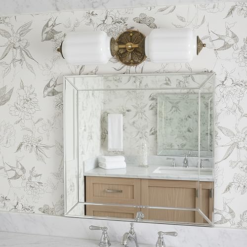 Image of Milk Glass Bathroom Vanity Light - 2-Light Wall Sconce with Brass Finish Base & Green Glass Shade - Wall Sconce Lighting for Mirror, Kitchen, Living Room (White Glass with Gold Metal Accents)