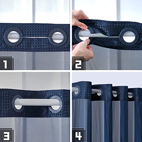 Image of Furlinic No Hook Waffle Weave Shower Curtain with Snap in Fabric Liner Set,Heavy Duty Textured Bathroom Curtain with See Through Window,Waterproof & Machine Washable,Navy Blue,Stall 48x72 Inch