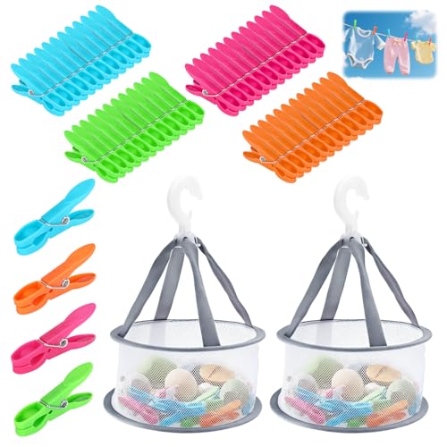 Staranry 48 Piezas Pinzas Ropa Fuertes con 2 Cesta, Colores Cesta para Pinzas De Ropa, Antideslizantes y Resistentes Al Viento, Cesto para Ropa, Calcetines, Toallas