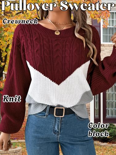 Women Fashion Cable Knit Sweater, Crochet Crewneck Pullover Striped Color Block Top, Trendy Fall Winter Daily Clothes2