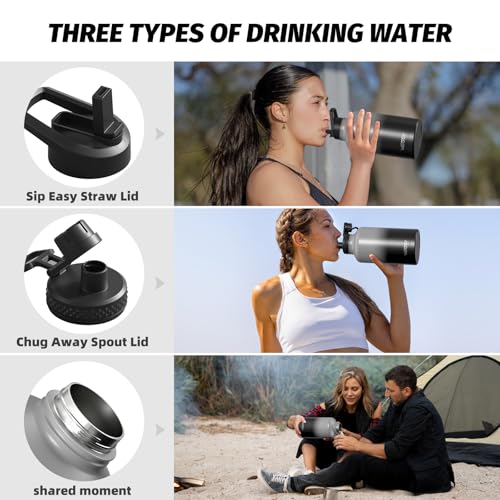 Image of 64oz Insulated Water Bottle (Cold for 48 Hrs),BPA Free&Leak Proof,Half Gallon Stainless Steel Water Flask,Water Jug with Straw Spout Lids for Gym,Hiking,Camping,Grey Black