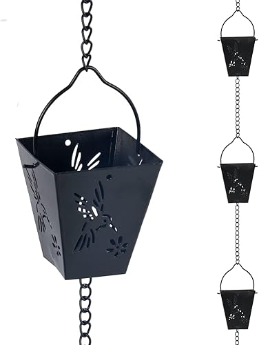 giole 10.92 pies Cadena de lluvia negra cuadrada para exterior con 12 tazas Cadena de lluvia ajustables de metal para atrapar la lluvia para