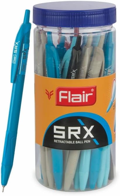 FLAIR Srx 0.7mm Retractable Ball Pen Jar | Triangular Body Design For Better Grip | Light Weight Refillable | Smooth Writing Experience | Vibrant Solid Body Colours | Blue Ink, Pack of 25 Pens