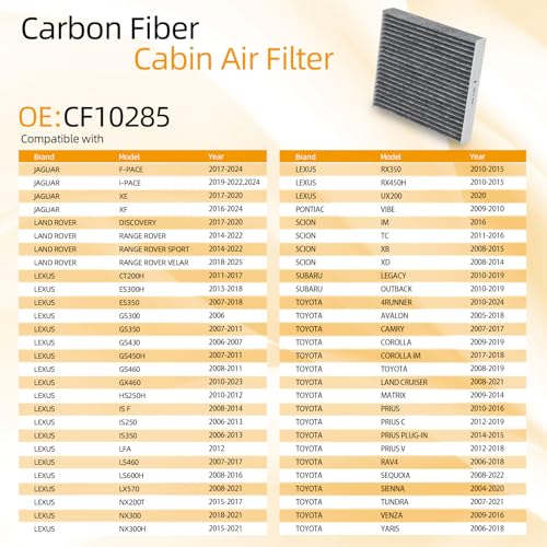 CF10285/P3502WS Cabin Air Filter w/Activated Carbon Compatible with Toyota Avalon 05-18/Camry 07-17/4Runner 10-24/Sienna 04-20,Subaru Outback/Legacy 10-19,Lexus Es350/Ls460/Lx570 07-21.
