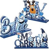 Blulu 3個 クリスマスデコレーション 屋内 テーブル用センターピース 卓上木製サイン 雪だるま 農家 センターピース クリスマス クリスマス ホリデー パーティー 屋内装飾用 (ブルー)