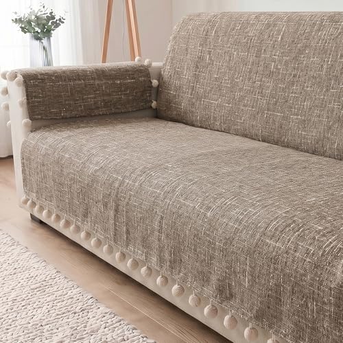 Image of Story@Home Chenille Sofa Cover 3 Seater Fully Covered with Back Covers (152x178Cm) & Arm Rest Covers| Anti Slip Sofa Mat for 1 /2 /3 Seater & L Shape Sofa Cover - Caramel & Cream