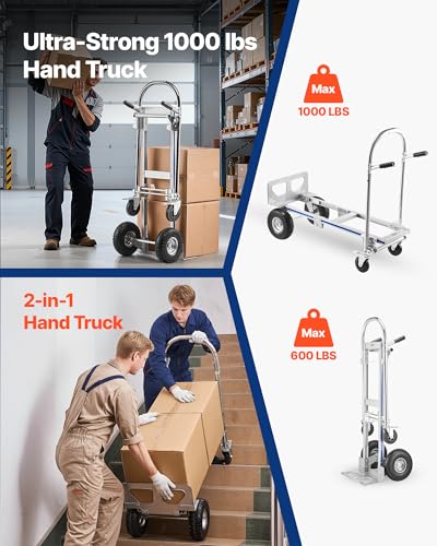 Image of VEVOR 2 in 1 Hand Truck, 1000 lbs Load Capacity for 4-Wheel Mode, Convertible Hand Truck Dolly with Non-Slip Handle & Wheels, Portable Trolley Dolly for Moving Home, Office, Warehouse, Supermarket
