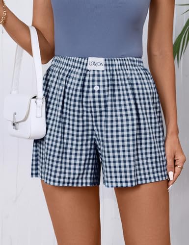 Image of LOMON Womens Boxer Shorts Casual Summer 2026 Pajama Lounge Sleep Pj Gingham Plaid Shorts Y2K Beach Bottoms