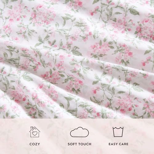 Image of Laura Ashley - Full Sheet Set, Crisp & Cool Cotton Percale Bedding for Year Round Comfort, Deep Pocket, Bed Sheets with Matching Pillowcases (Blossom Bliss Pink)