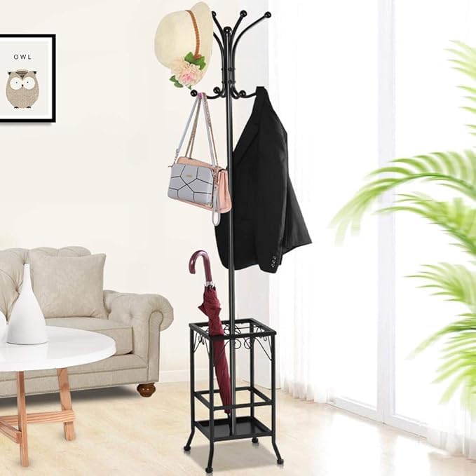 Coat Rack and Umbrella Stand, Entryway Coat Rack Hat Hanger Hooks Hall Tree Stand for Home or Office, Black-image-23