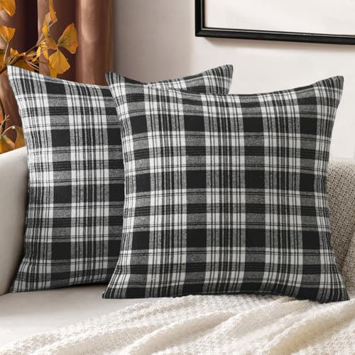 MIULEE Fall Set of 2 Scottish Tartan Plaid Throw Pillow Covers Farmhouse Classic Decorative Outdoor Square Cushion Cases for Halloween Thanksgiving Decor Sofa Couch 18x18 Inch, Black and White