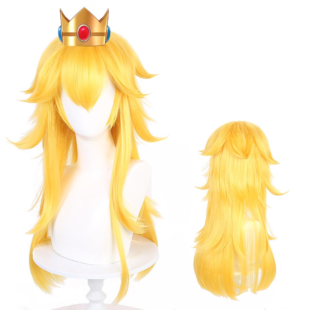 GmfLeX 27" 70cm Women Cosplay Princess Peach Long Curly Yellow Golden Mixed Hair Replacement Wig for Girls Cos The Movie Party Halloween