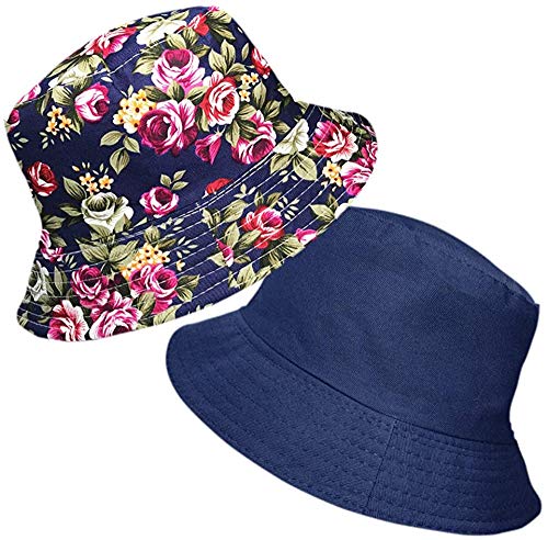 VIM Ladies Reversible Floral Cotton Bush Bucket Sun Hat, Navy Multi