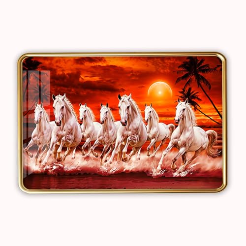 Image of Dharvika Innovations 7 Running Horses Photo Frame, Ultra High Gloss Lamination, Vastu Painting for Living Room, Office, 12x18 Inch (Design 12)