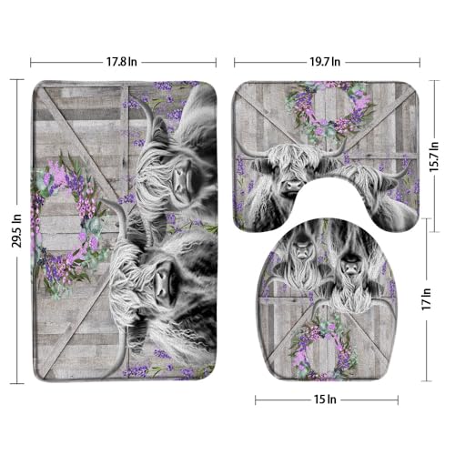 3pcs Farmhouse Highland Cow Bathroom Sets with Non-Slip Rug,Toilet Lid Cover and Bath Mat,Rustic Western Bull Purple Floral Spring Barn Door Wooden Board Animal Bathroom Carpett Bath Mat Toilet Rugs