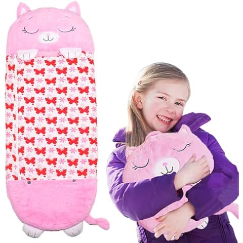 Kids Sleeping Bag with Pillow, 2-in-1 Soft Warm Pink Kitty Animal Foldable Slumber Bag for Children Girls Boys Under 120cm Height In All Seasons Cover