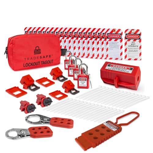 TRADESAFE Electrical Lockout Tagout Package – Hasps, Clamp on and Common Multipole Circuit Breaker Lockouts, Loto Tags, Plug Lockout, Security Padlocks Set (1 Key Per Lock) for Lock Out Tag Out Stations