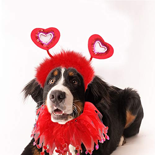 Bwogue Valentine's Day Dog Costume Red Love Hearts Dog Headband With Collar Holiday Birthday Party Headwear Costume Gift For Small Medium Dogs #TOP6