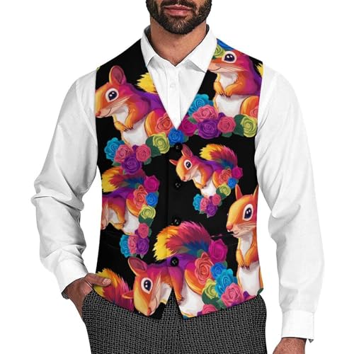 Animal Squirrel Flowers Men's Suit Vests Business Formal Dress Vest V-Neck Waistcoat for Wedding Casual