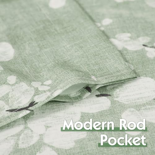 Image of FMFUNCTEX Green White Kitchen Tier Curtains 24 Inch Length Blossom Print Half Window Drapes for Bathroom Floral Patterned Light Filtering Privacy Protected Cafe Curtain Panels Rod Pocket 2 Panels