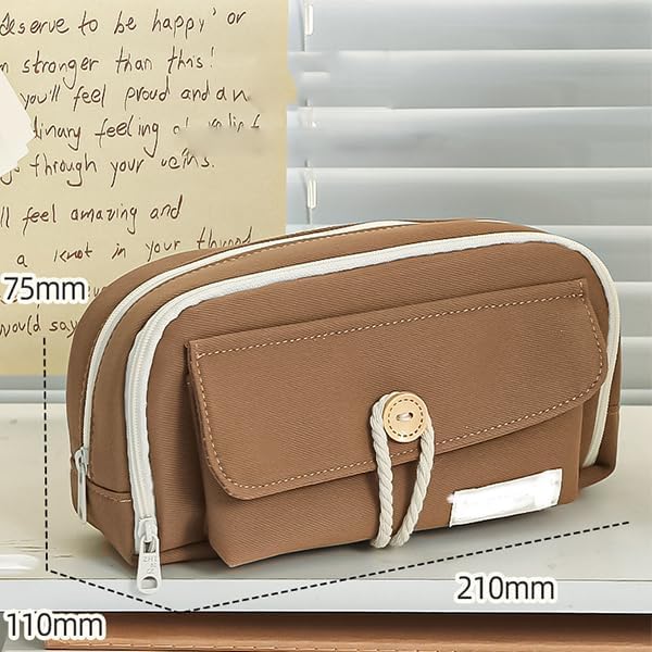 Image of Canvas School Bag Pencil Case, 3 Layer 6 Compartment Large Capacity, Aesthetic Pencil Pouch for Stationary, Cute Stationery for Kids, Pencil Case for Girls & Boys (Our Timer Coffee)