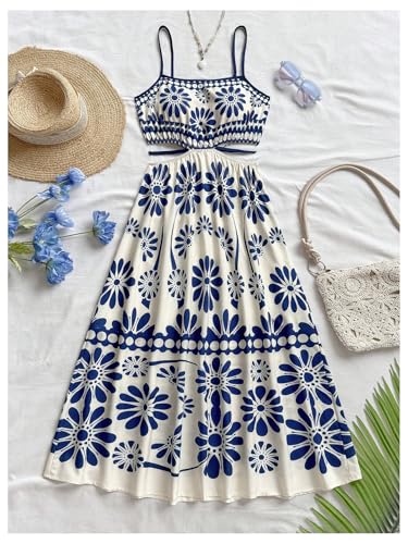Image of Floerns Women's Cut Out Tropical Spaghetti Strap Midi Dress Summer Beach Vacation Flowy Dresses