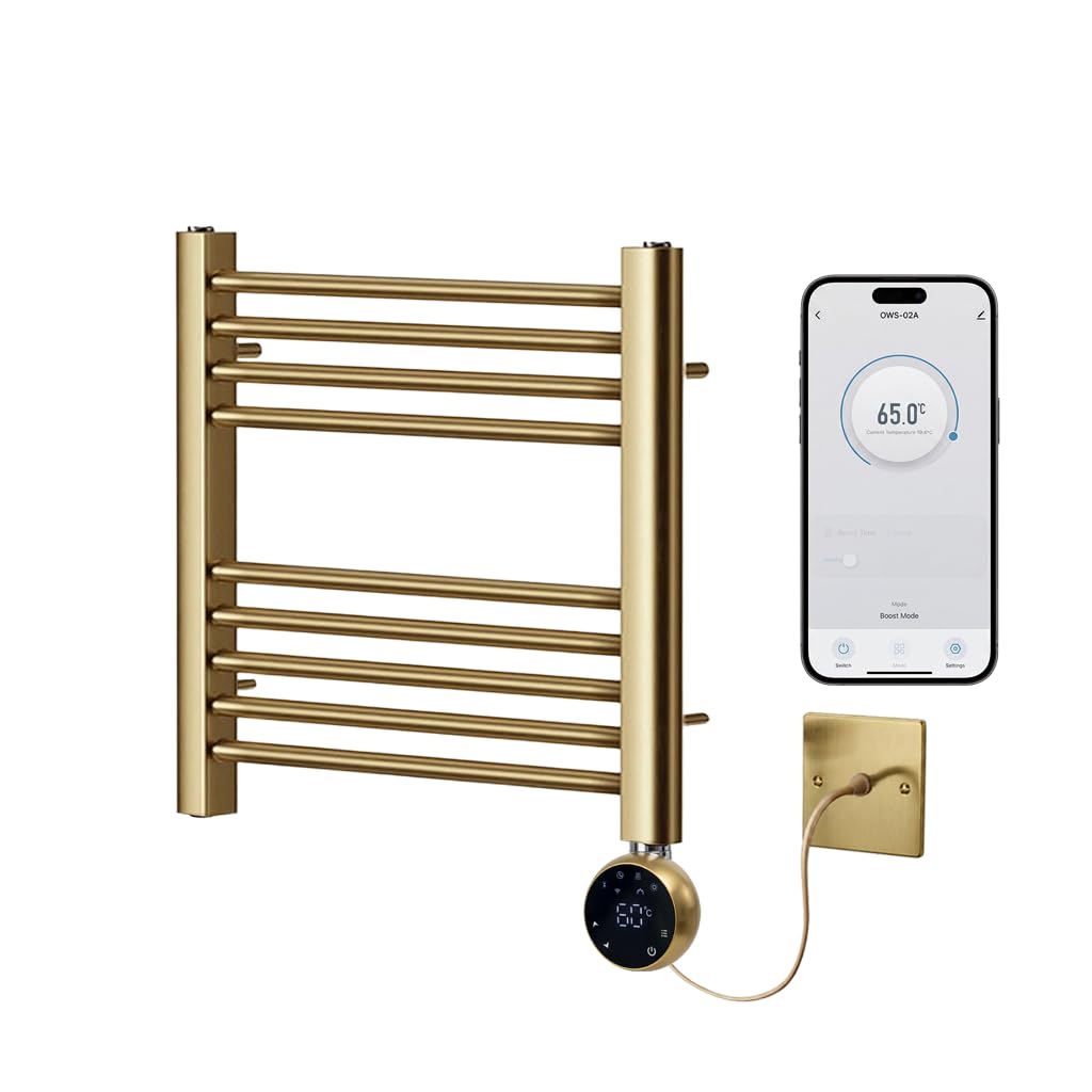 Greened House Brushed Brass Electric WiFi Towel Rail 400mm W x 600mm H