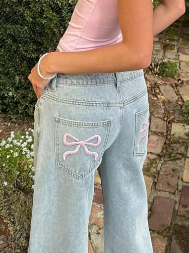 Women's Wide Leg Jeans Back Bow Embroidery Straight Leg Baggy Denim Pants Loose Boyfriend Jeans Y2K Trousers4