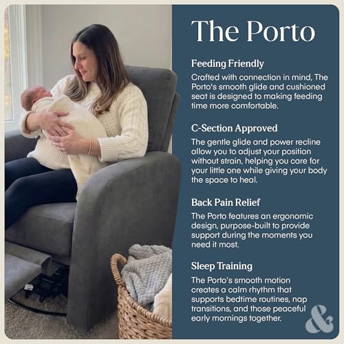 Image of Nurture& The Porto Power Glider Recliner for Nursery | Modern Glider Chair with Power Recline | Built - in USB Charging Port | Space-Saving Design for Small Nurseries and Shared Spaces, Charcoal
