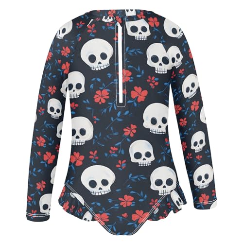 ALAZA Sugar Skull Red Flower Girls One Piece Swimsuit Long Sleeve Rash Guard Swimsuits UV 50+ Swimwear Zipper2
