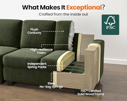 Image of Modular Sectional Sofa with Storage Ottomans, Corduroy Cloud Couch for Small Spaces & Apartments, Reconfigurable L /U Shaped Convertible Corner Sofa, Green, 5 Seater Sectional