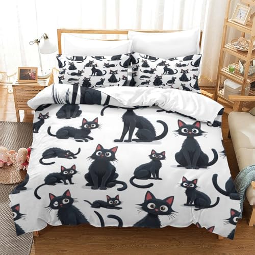 Housse de couette chat noir 200x200 cm avec taies en microfibre 3D - 3