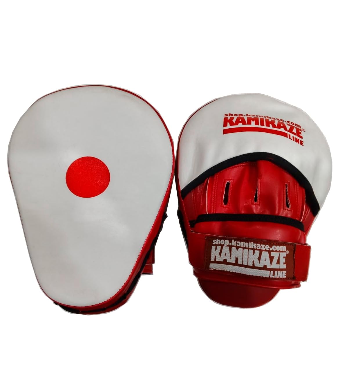 Kamikaze Paos de Golpeo para Karate y Otras Artes Marciales, Modelo Japan, Blanco-Rojo, Par, 23 x 18 cm, Polipiel