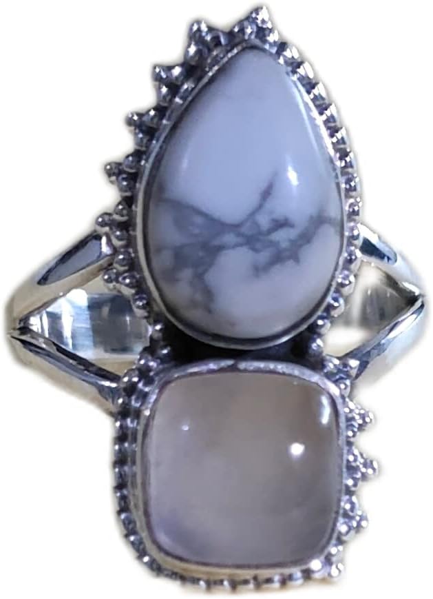 White Howlite Rose Quartz Ring, Sterling Silver Ring, Antique Ring, Long Ring, Bohemian Ring, Turquoise Howlite Ring, Promise Ring, Buffalo Ring, Bridesmaids Gift, Healing Crystal, Vintage Style