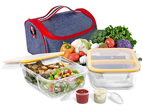 Prep Food Containers 2 Compartment Glass Containers with Lids (1040ml x 2) + Lunch Bag Meal Prep and Portion Control Lunch Box Airtight Leakproof Microwave Oven Freezer Dishwasher Safe Lunch Container