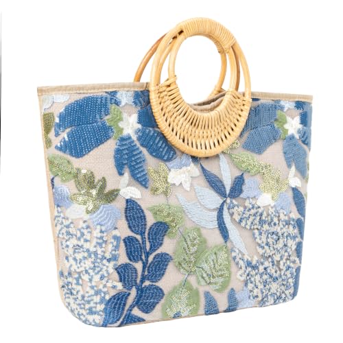 Image of Rattan Wood Handle Sequin Embroidered Floral Beach Bag Tote for Vacation and Wedding Party