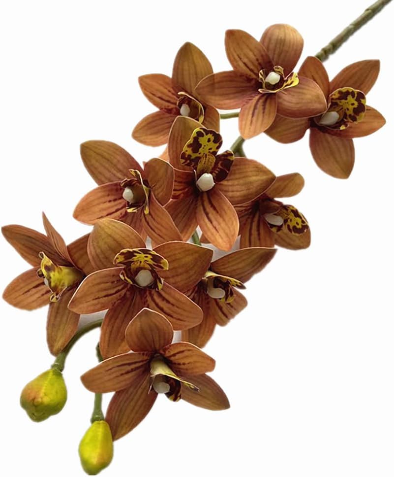 4pcs Artificial Cymbidium Orchid Flower Plant 3D Print Vanda 10 Heads Latex Phalaenopsis Flower (Coffee)