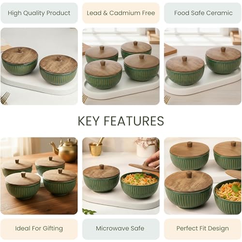 Image of The Earth Store Glam Green Ceramic Bowl Set of 2 - 500ML Each with Nob Wooden Lid | Mixing Bowls for Snacks, Rice, Dal, Fruits, Salad Microwave Safe Bowl with Lid Perfect Gifting & Daily Use
