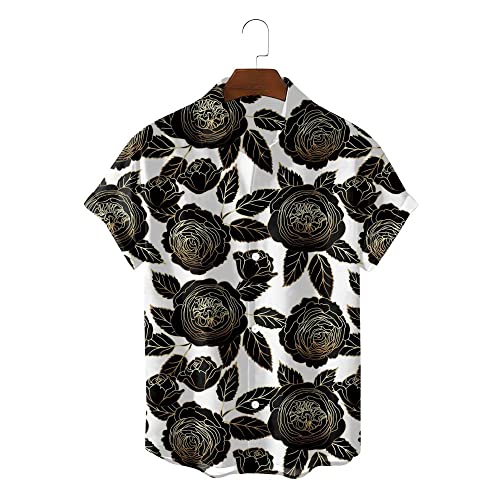 Mode vintage noir imprimé rose blanc chemise boutonnée été pour hommes