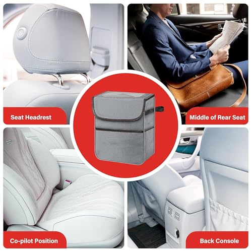 Image of Simple Deluxe 2 Gallon Car Trash Can, Collapsible Adjustable Straps and Portable Organizer, Multipurpose Bin with Lid and Storage Pockets, Grey