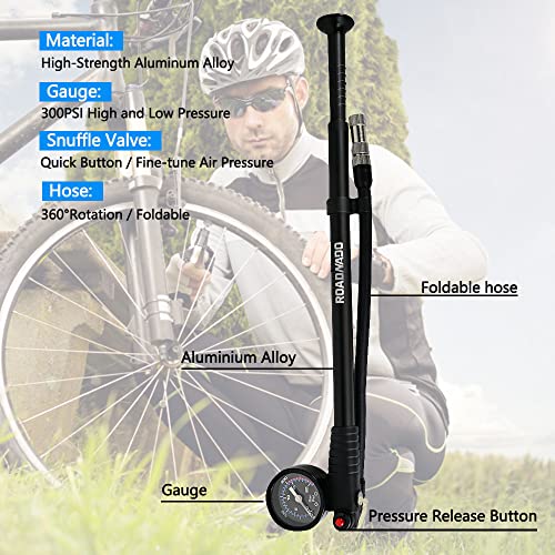 ROADNADO High Pressure Shock Pump with Gauge MAX 300 PSI Mountain Bike Pump for Fork & Rear Suspension, Portable Pump for Shock Absorbers Wheelchairs Presta and Schrader Valve