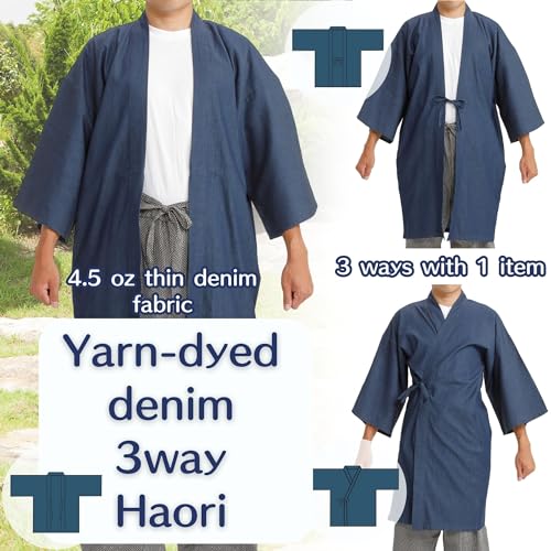 Edoten yukata kimono happi yarn-dyed denim fabric 4.5oz thin haori 3WAY cotton 100% men’s ladies' solid color navy2