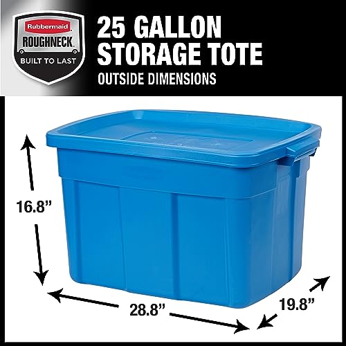 Image of Rubbermaid Roughneck Tote 25 Gal, 4 Pack, Made in USA, Heritage Blue, Rugged Plastic Stackable Storage Bins with Lids and Handles