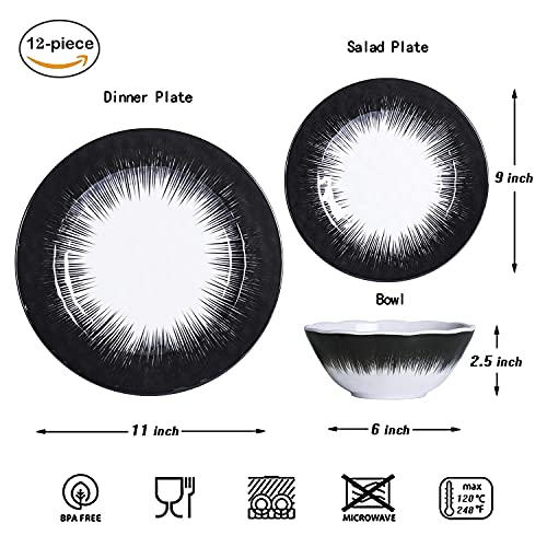 Cocorea Melamine Dinnerware Sets - 12 Pcs Black/White Plates And Bowls, Unbreakable Lightweight Summer Dishes For Indoor Outdoor, Dishwasher Safe #TOP1