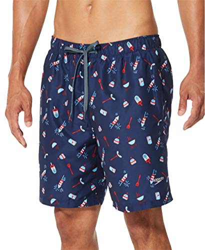 Speedo Mens Volley Party Print Above Knee Swim Trunks Navy XL